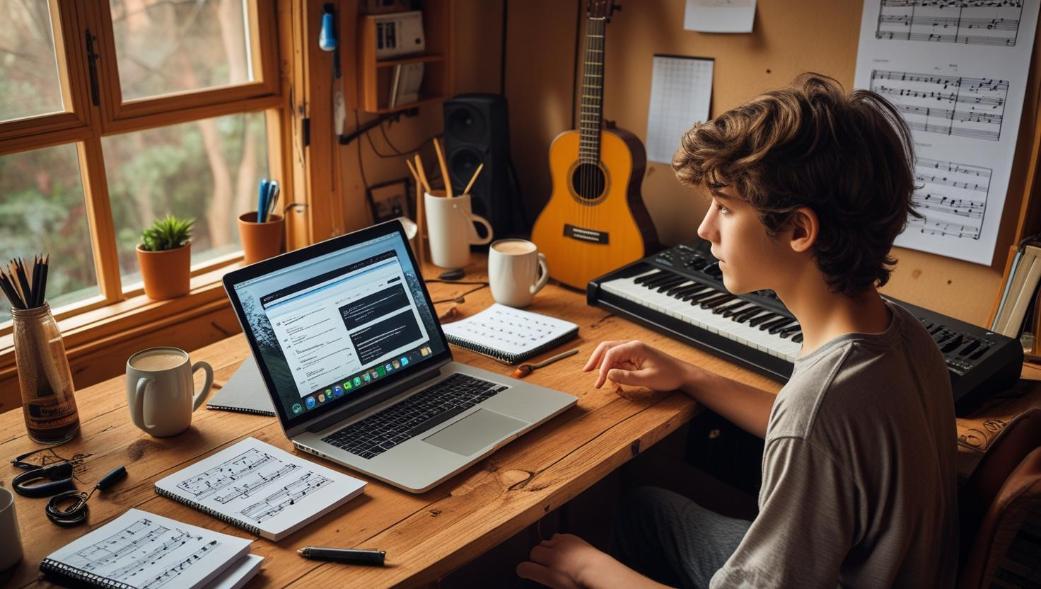 Young musician working in home studio surrounded by instruments, laptop, and warm light.