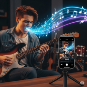 A vibrant photo of a musician with an electric guitar, surrounded by swirling light and sound waves, holding a smartphone on a tripod to record an Instagram Reel in a home studio.