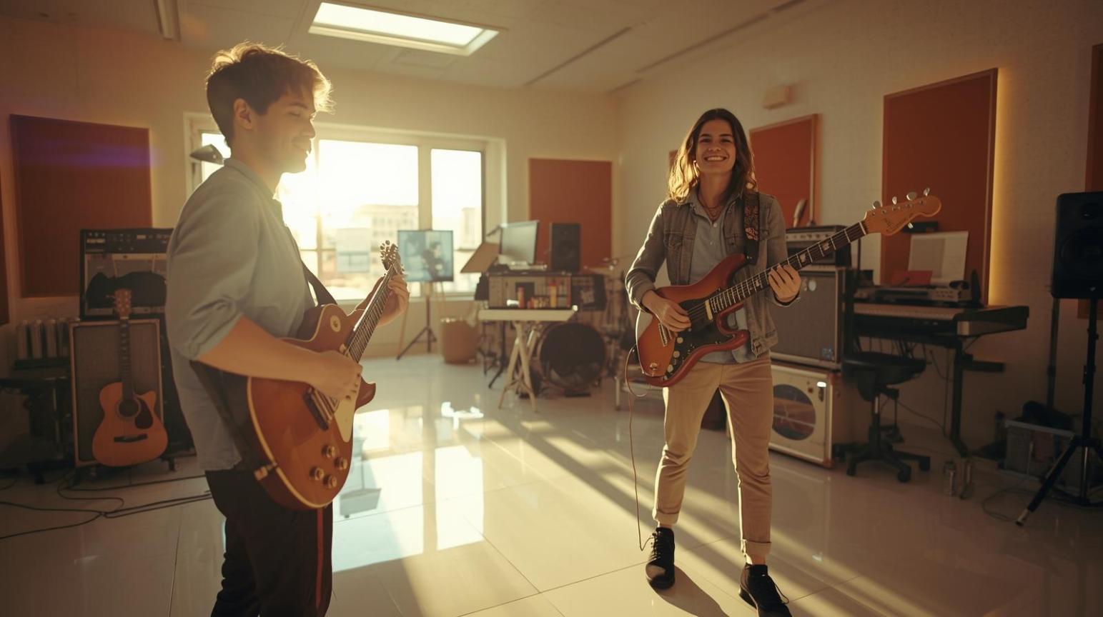 Two smiling musicians in studio with clean tiled floor and bright light.
